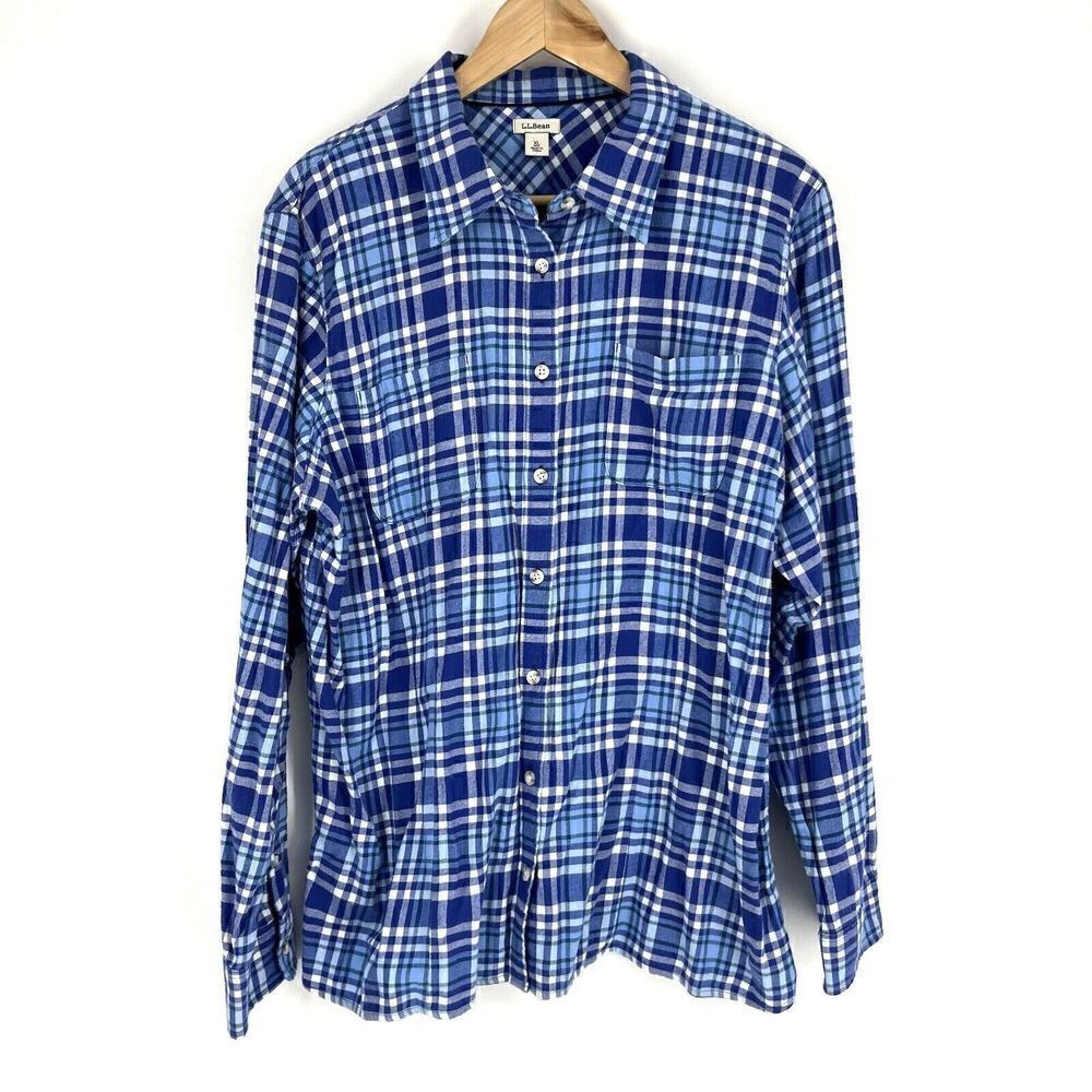 LL Bean Shirt Size XL Womens Blue White Plaid Flannel Top Button Up Long Sleeve